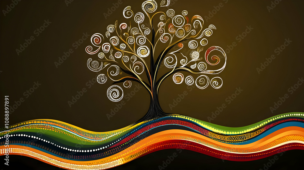 Aufkleber abstract stylized tree with colorful wavy lines background