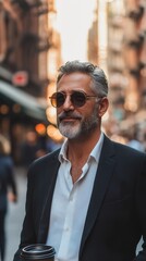 Fototapeta premium Middle-aged man in sunglasses enjoys coffee from a reusable cup amid a vibrant city atmosphere