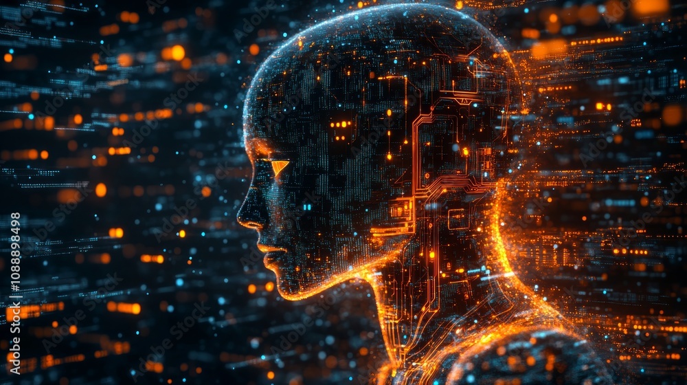 Poster ai robot head profile, digital circuitry, glowing particles, data stream background.