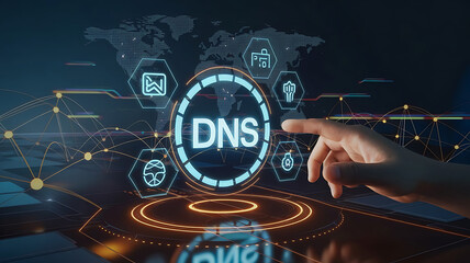 'DNS' interface on a futuristic digital platform with interconnected nodes, holographic icons, and a world map.  Domain Name System, Global connectivity, Internet technology, Network routing, IP add