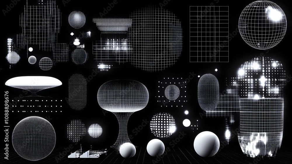 Poster abstract wireframe geometric shapes and forms in a black background