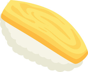 Tamago Nigiri Cartoon. Tamago Sushi.  Japanese Food Tamago Sushi. Tamago Nigiri delicious sushi icon. Simple and delicious tamago sushi.
