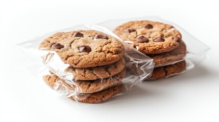 Packaged cookies on a white background, with clear wrapping showcasing the cookie textures, perfect for product display and food branding.