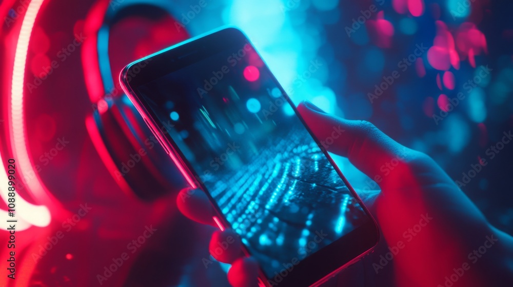 Poster A hand holds a smartphone in a dimly lit room with red and blue neon lights. The screen of the phone displays a blurred image of a city at night.