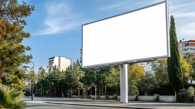 Blank Billboard Ad Space on a City Street with Trees and Buildings in the Background