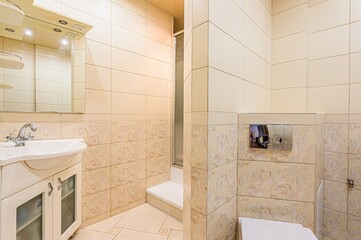 interior apartment room bathroom, sink, decorative elements, toilet. WC, sanitary unit, wash room
