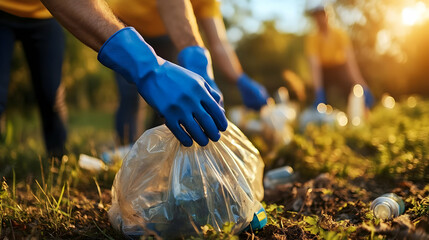 Close-up of a Hand Wearing Blue Gloves Filling a Plastic Bag with Trash During a Cleanup Effort
