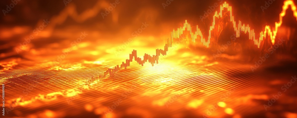 Poster abstract illustration of a fiery graph displaying market trends and stock fluctuations with wavy lin