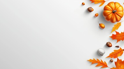 A minimalist design of fall clipart with scattered pumpkins, acorns, and leaves, set against a white background to provide plenty of room for customization.