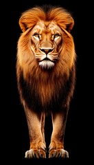 Fototapeta premium Majestic Male Lion Portrait, Glowing Mane on Dark Background, Wildlife Digital Illustration Artwork