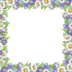 Springtime floral square frame decoration element. Hand drawn vintage style watercolor illustration. Primrose flowers, daisies, green fern leaves decorative frame on white background