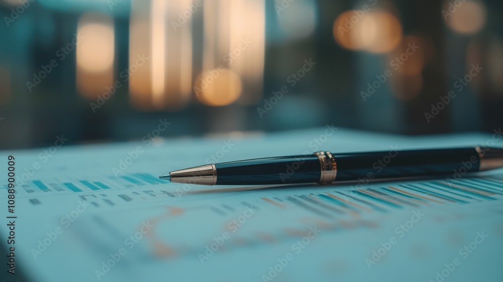 Poster close-up of a professional pen resting on a financial document with graphs and charts, symbolizing b