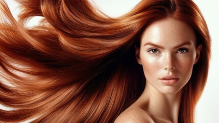 Naklejka premium Beautiful model girl with Brown hair strand,silky healthy chestnut wavy hair strand,hair wavy ribbon, with smooth,Keratin straightening,Treatment,straight long hair,procedures,Smooth hairstyle.