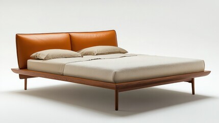 Obraz premium Sleek, modern bed with leather headboard in a minimalist bedroom setting, perfect for a clean look.