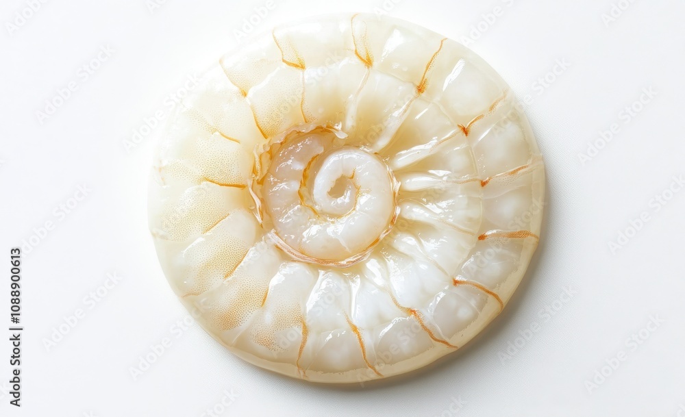 Poster beautiful close-up of smooth nautilus shell on white background, showcasing intricate spiral pattern