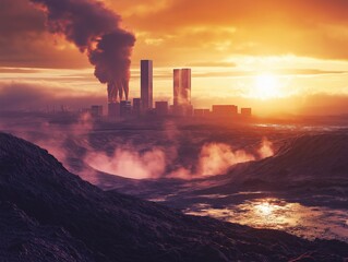 Fototapeta premium Industrial pollution impact urban area landscape photography sunset environmental awareness