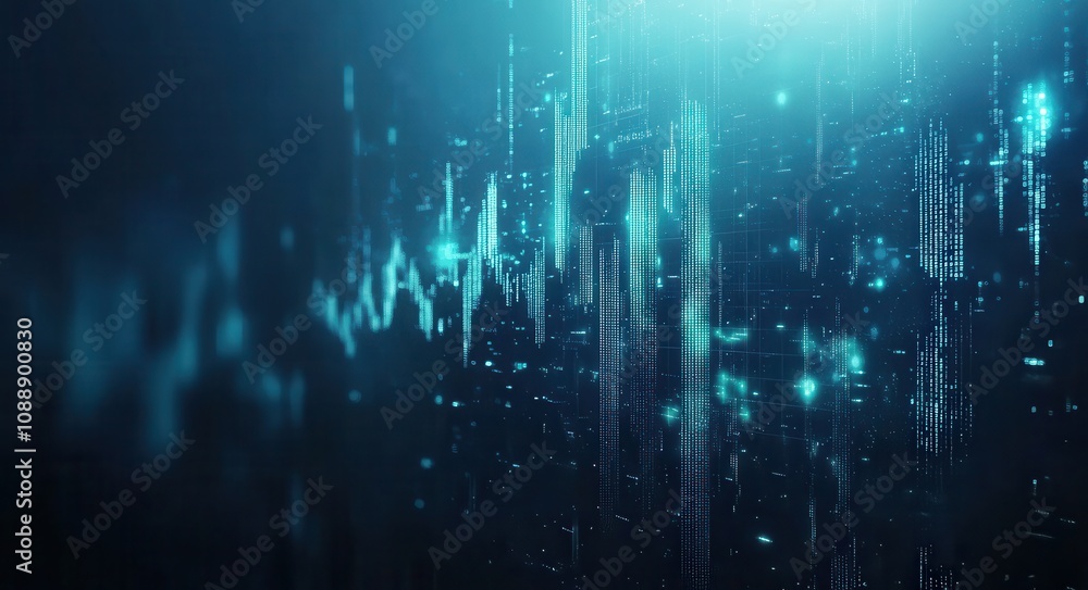 Poster abstract futuristic digital landscape with glowing lines and dots, representing data flow and techno