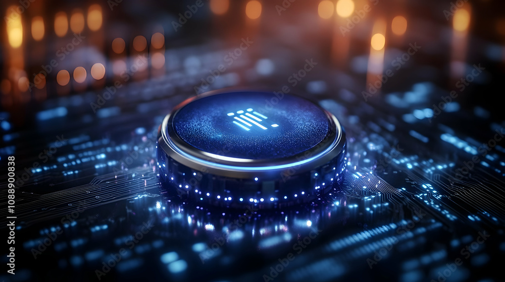Poster futuristic 3d render of a blue glowing button with a circuit board background