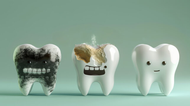 Cartoon Teeth Showing Decay Progression and Recovery Stages Isolated on Green Background