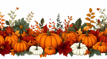 Illustrated Autumnal Border with Pumpkins and Leaves