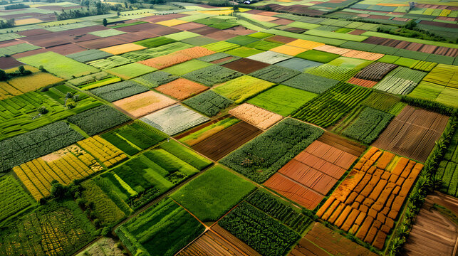 aerial view of colorful patchwork farmland showcasing geometric patterns of cultivated fields in various stages of growth with a white accent, text area, png