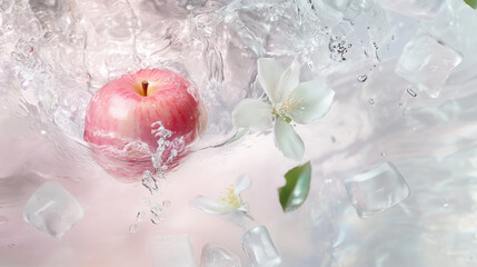 Pink And Red Apple Floating In Clear Water With White Blossoms And Ice Cubes