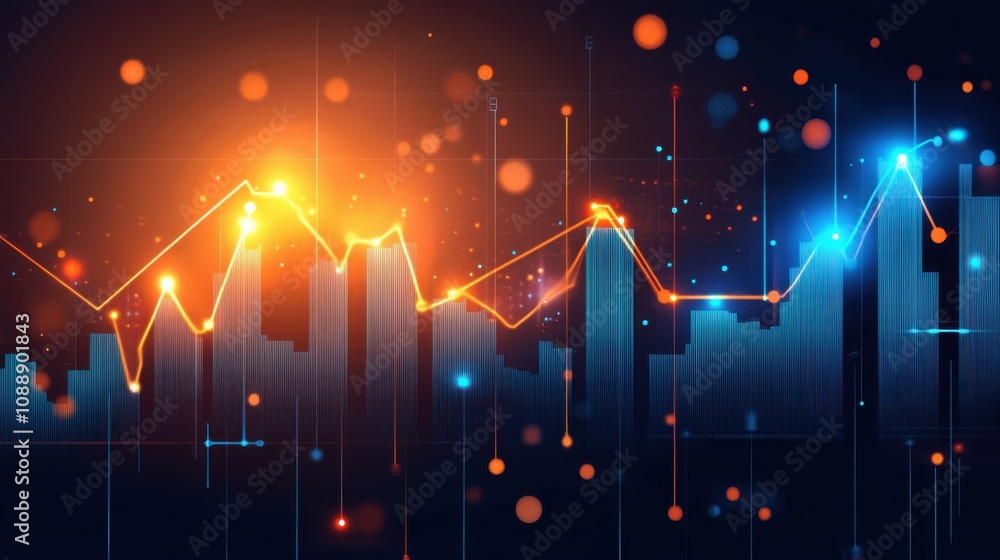 Poster abstract financial data visualization with colorful line graph and digital elements representing gro