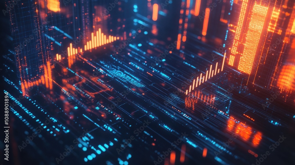Poster abstract futuristic digital background featuring bright orange and blue glowing lines and graphs rep