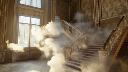 Marble staircase bathed in soft, warm light, with a glowing gate nestled among radiant clouds.