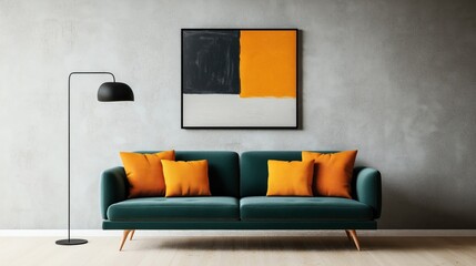 Modern living room with dark green sofa and orange pillows, black floor lamp, abstract wall art in minimalist interior design setting