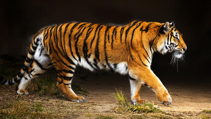 Obraz premium Bengal Tiger in full growth, on a dark background.