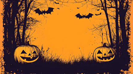 Spooky Halloween Background with Jack-o'-Lanterns and Bats in a Silhouetted Forest