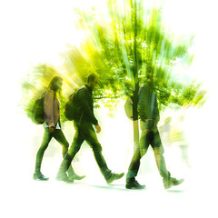 , people walking on green office space, motion blur effect, environment concept with a white accent, png