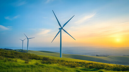 Obraz premium Two Wind Turbines Standing Tall on a Lush Green Hillside Against a Vibrant Sunset Sky