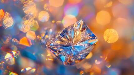 Close-up of a clear crystal prism refracting light with blurred bokeh background.