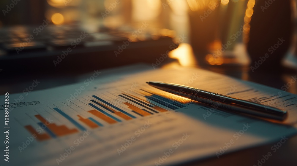 Poster business analysis with colorful bar graphs on paper, a pen in soft focus, and a warm golden light fr
