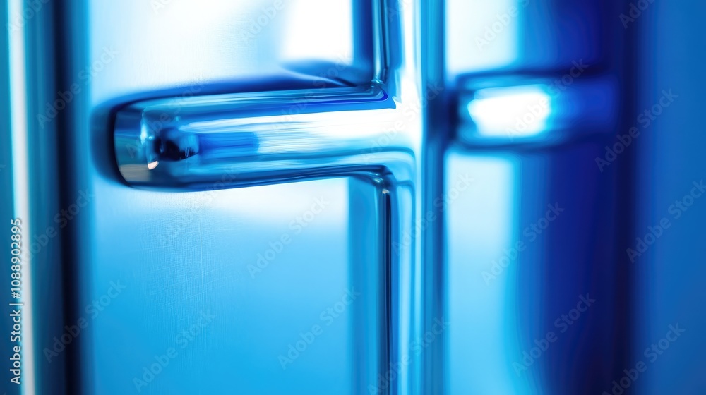 Aufkleber abstract close-up of a polished metallic cross with a soft blue illuminated background, featuring a 