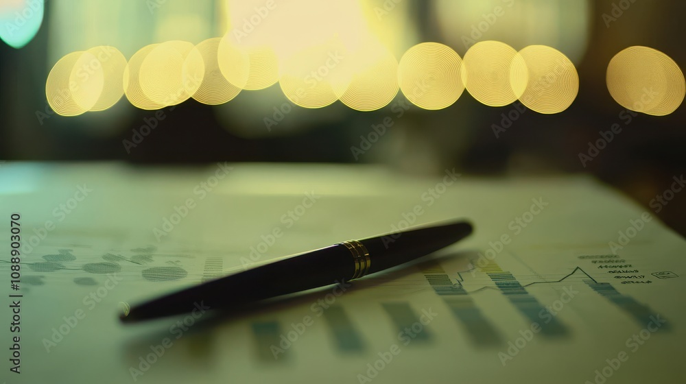 Poster business report with pen on table surrounded by soft glowing lights, focusing on charts, data visual