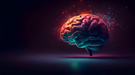 3D Render of a Human Brain with Colorful Glowing Particles, Representing Neural Activity and Thought Processes