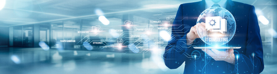 Man using tablet with IT consulting, technology solutions for business optimization, cloud...