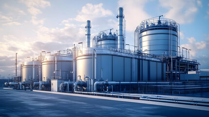 Obraz premium 3D Render of a Large Industrial Plant with Storage Tanks and Pipelines under a Cloudy Sky
