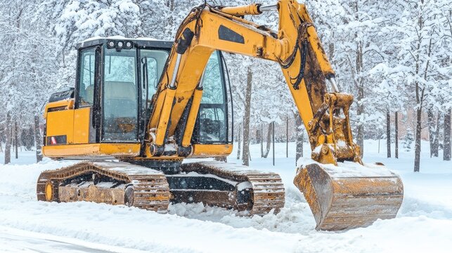 Yellow Excavator Removing Snow, Winter Road Maintenance, Efficient Snow Removal Equipment in Action