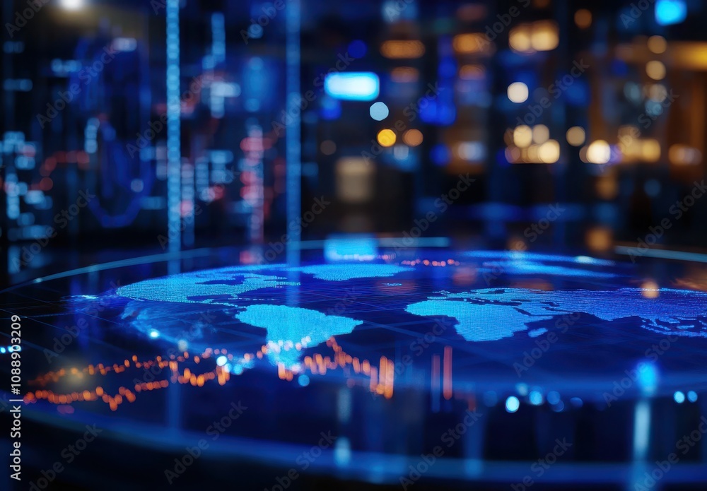 Poster detailed futuristic digital world map with data visualization and abstract blue lighting in modern t