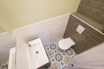 interior apartment room bathroom, sink, decorative elements, toilet. WC, sanitary unit, wash room
