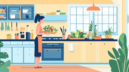 Woman with strong build serving a nutritious, colorful salad in a well-designed kitchen, emphasizing wellness and a healthy diet.