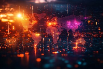Obraz premium A map of the world overlaid with data points and statistical symbols. Generative AI