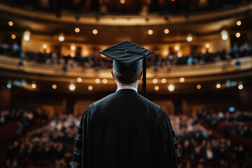 Obraz premium A young man wearing a black graduation gown and cap is seen from behind, standing in front of an empty auditorium filled with people during his academic ceremony at the university