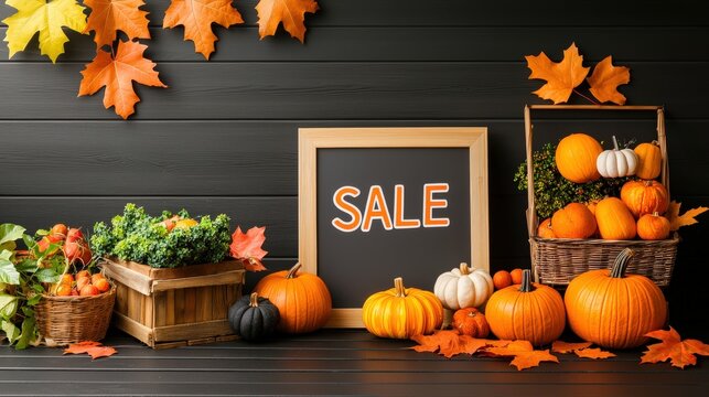 A store for Thanksgiving with autumn decorations and vibrant "SALE" signs, featuring pumpkins, fall leaves, and harvest motifs, offering special discounts for the holiday season.