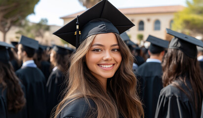 Fototapeta premium A female student stands in the center of her graduation group, wearing black gowns and a cap with long hair, smiling at the camera in a commercial video ad style
