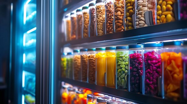 Futuristic Vending Machine with Healthy Snacks Nuts Dried Fruits Smoothies and Energy Bars - Powered by Adobe